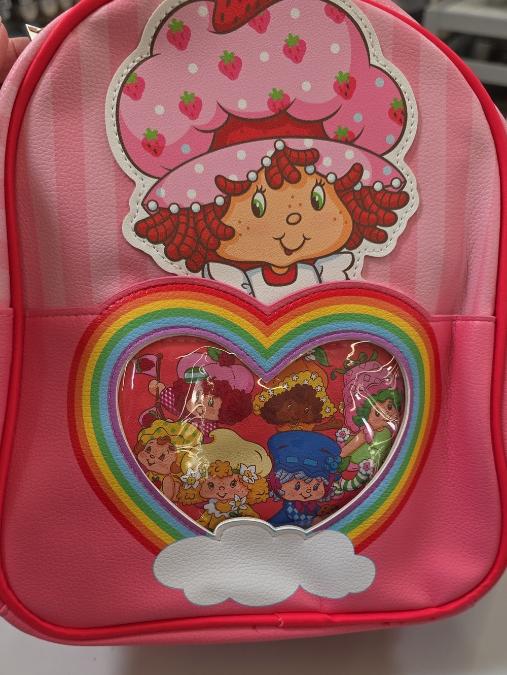 Strawberry Character Pink Kids Backpack with Rainbow Heart Window